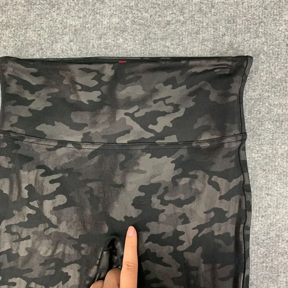 Spanx Legging Womens S Small Black Camo Faux Leather Pull On Wide Band Fitted